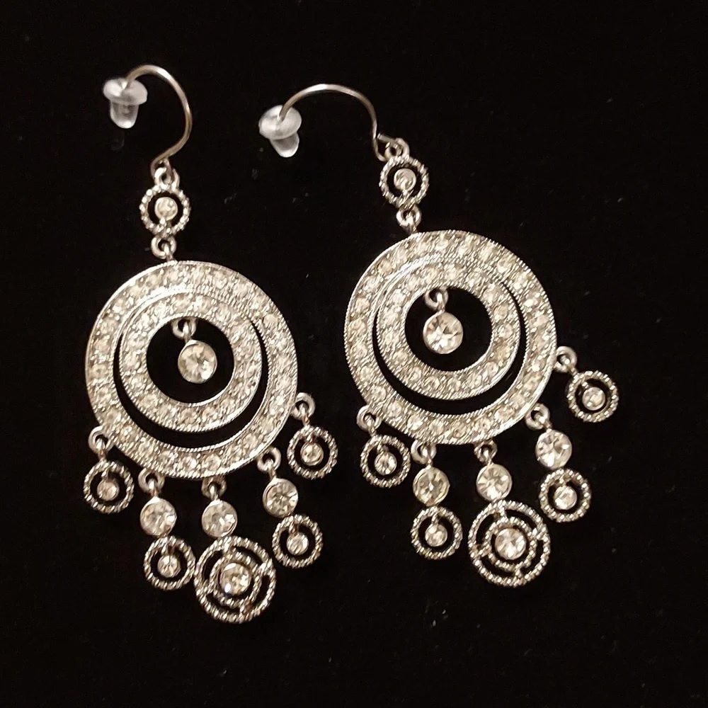 Monet vintage earrings Rhinestone dangle drop chandelier earrings silver tone